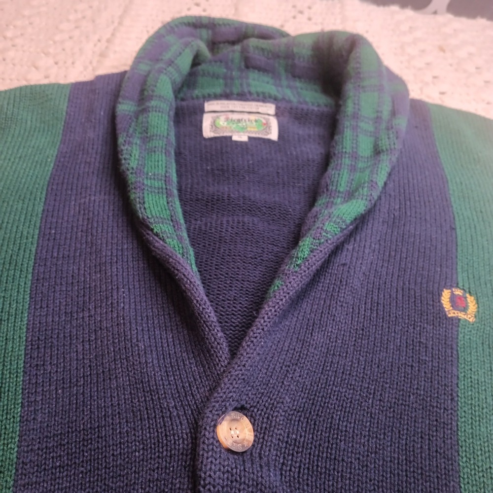 SIEGFRIED Vtg XL Color Block Striped Knit Button Shawl Varsity Crest Sweater - Picture 6 of 12